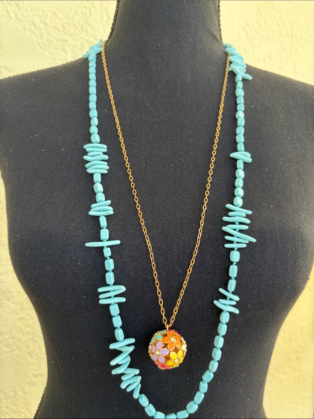 J. Crew Turquoise Beaded Necklace with Multicolor Floral Orb Pendant